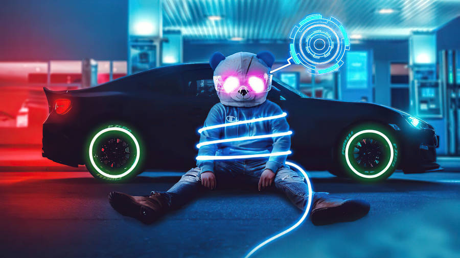 Cutesy Neon Panda Gas Station Wallpaper