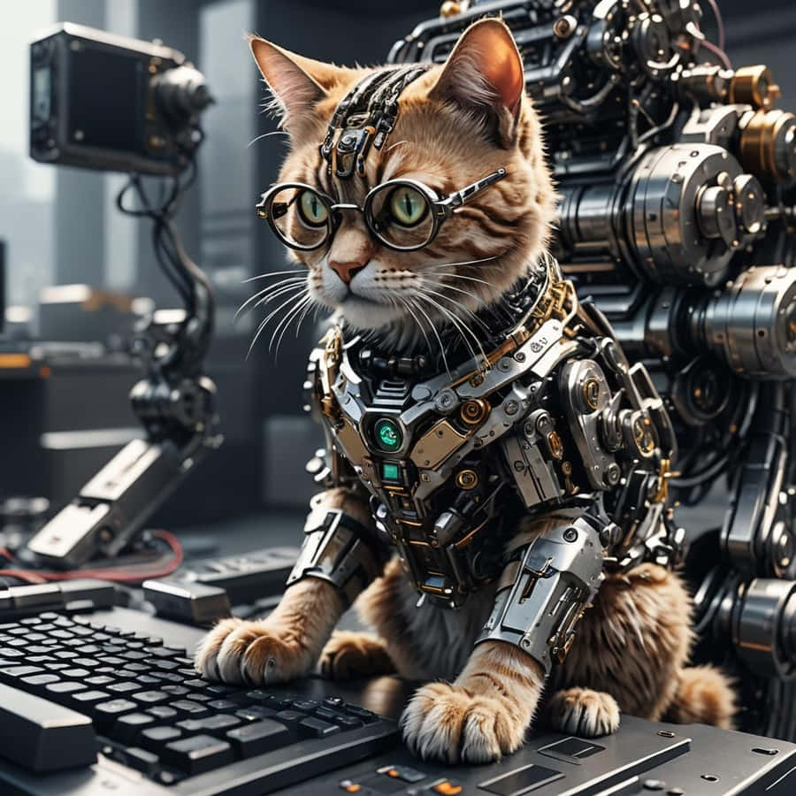 Cybernetic Cat Typingat Keyboard Wallpaper