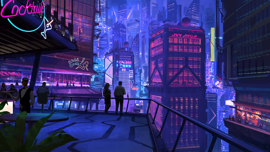 Cyberpunk Laptop With A Dating Couple Wallpaper