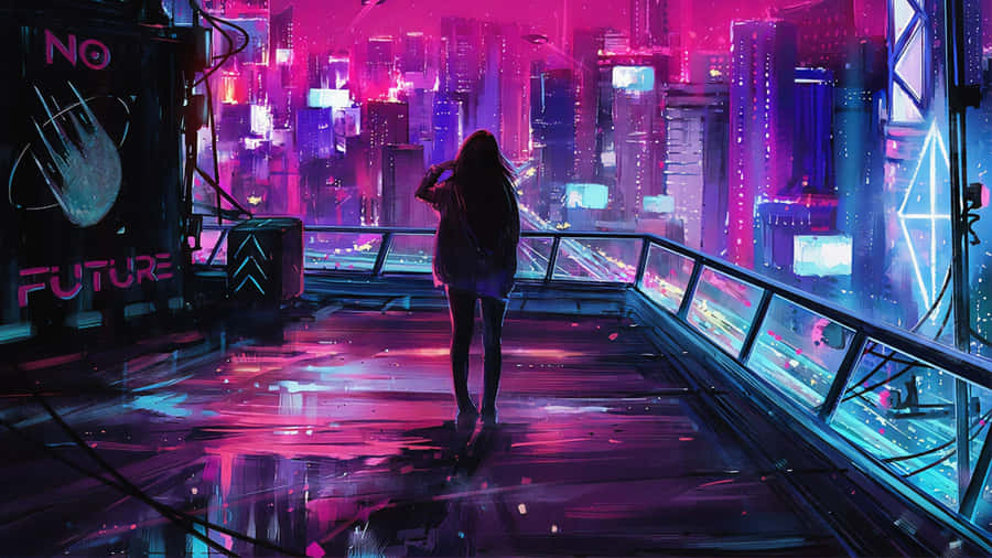 Cyberpunk Laptop With Girl Relaxing Wallpaper