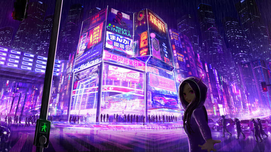 Cyberpunk Laptop With Girl Touring Someone Wallpaper