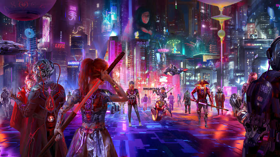 Cyberpunk Laptop With People With Blades Wallpaper