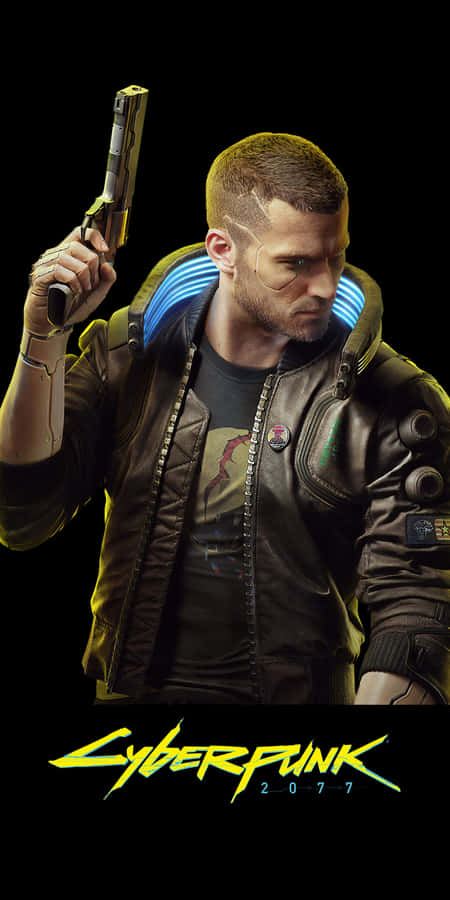 Cyberpunk2077 Character With Gun Phone Wallpaper Wallpaper