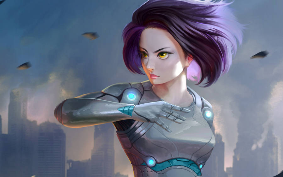 Cyborg Alita Battle Angel Purple Hair Wallpaper