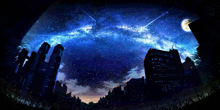 Dark Blue Galaxy Anime City Wallpaper