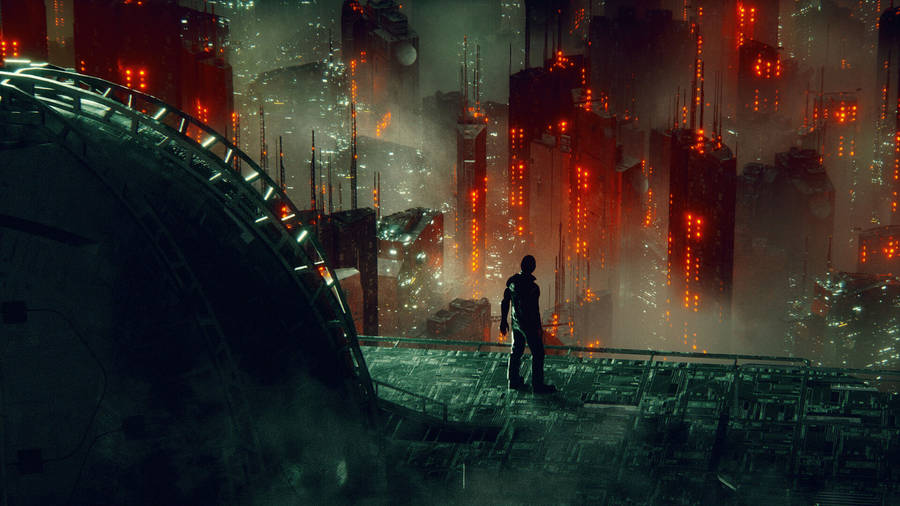 Dark City Art With Red Lights Wallpaper