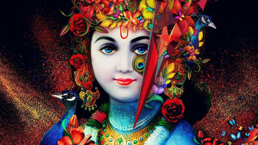 Dark Krishna With Flower Crown Wallpaper