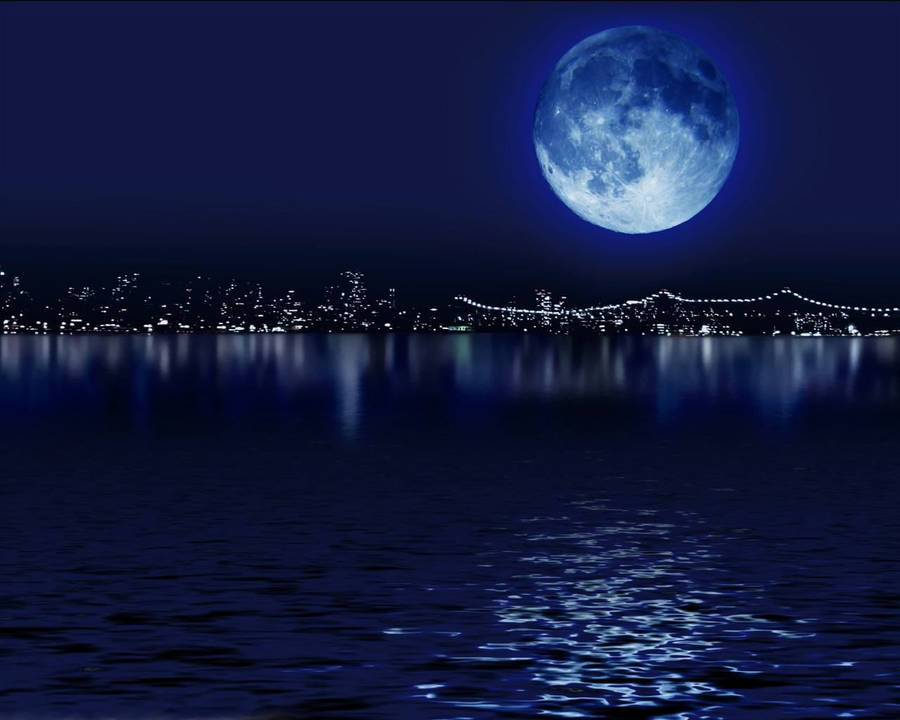 Dark Night Full Moon Over City Wallpaper