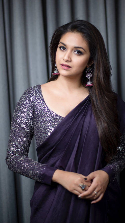 Dark Plum Keerthi Suresh Saree Wallpaper