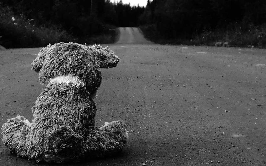 Dark Sad Teddy Bear In Road Wallpaper