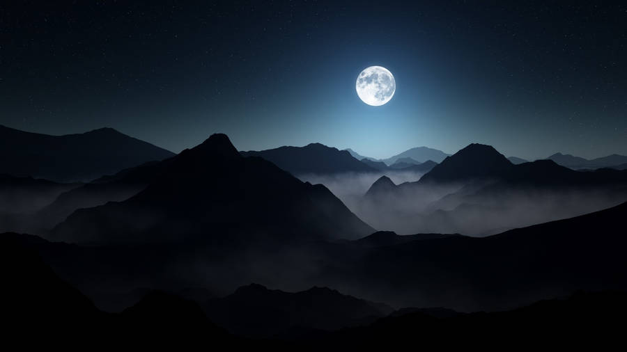 Dark Theme Foggy Mountains Full Moon Wallpaper