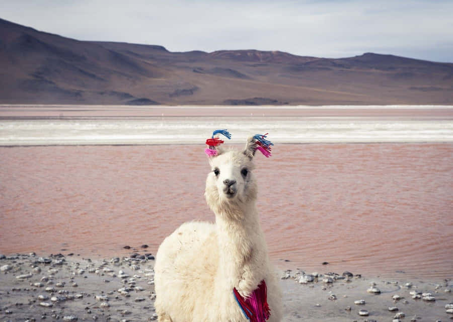 Decorated Llamaby Pink Lake Wallpaper