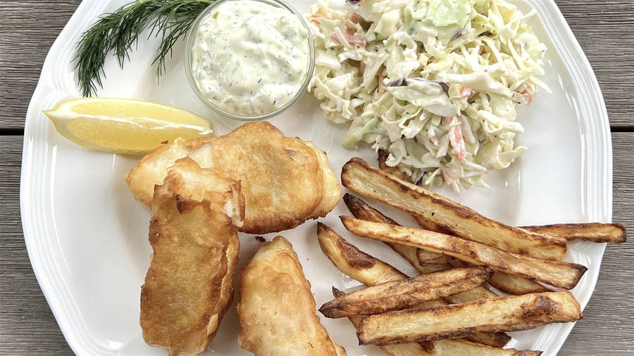 Delectable Fish And Chips With Coleslaw Wallpaper