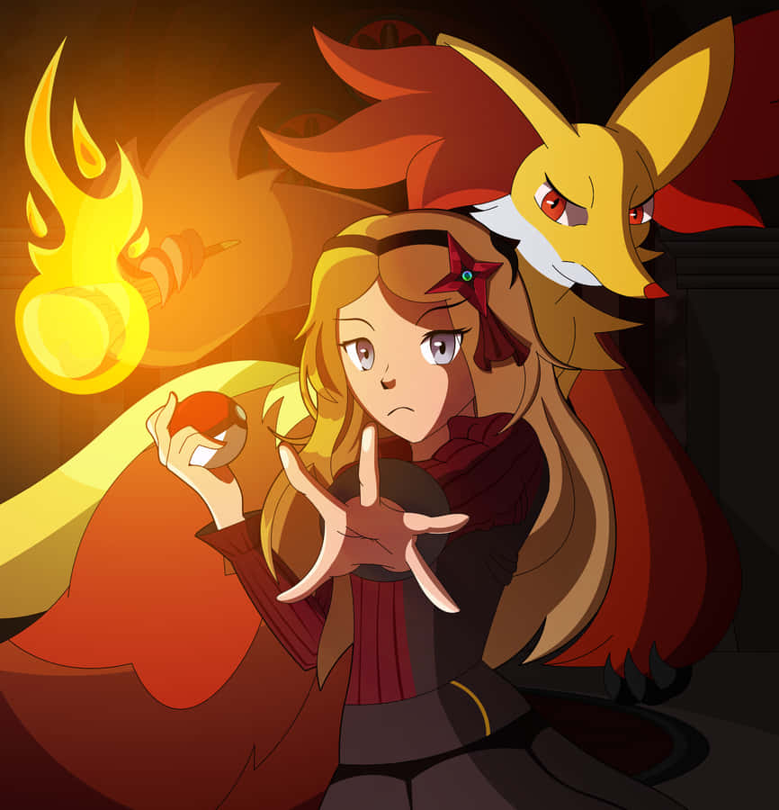 Delphoxand Trainer Preparedfor Battle Wallpaper