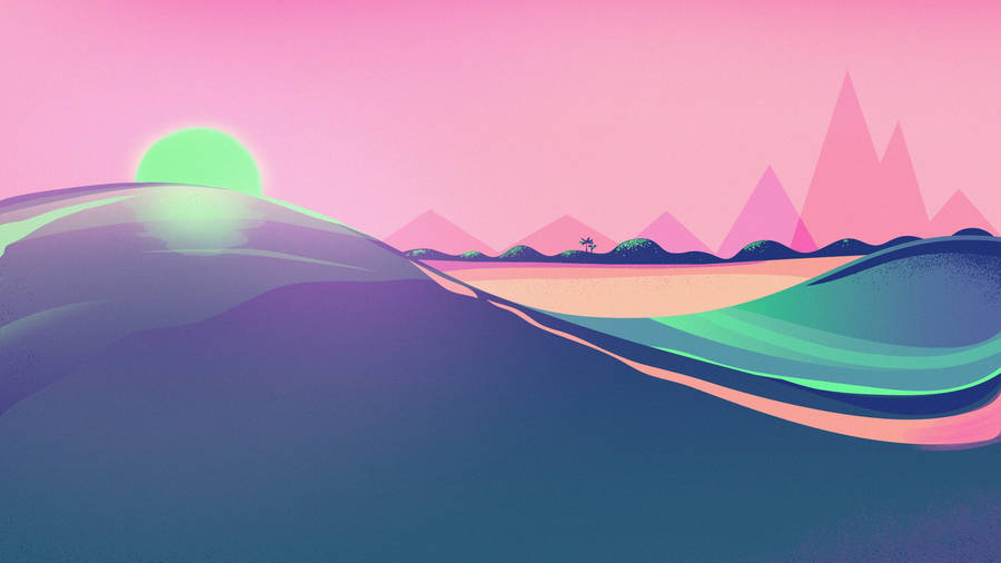 Desert Sun Blue-pink Illustration Wallpaper