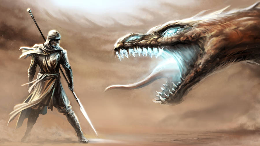 Desert Warrior Vs Dragon Wallpaper