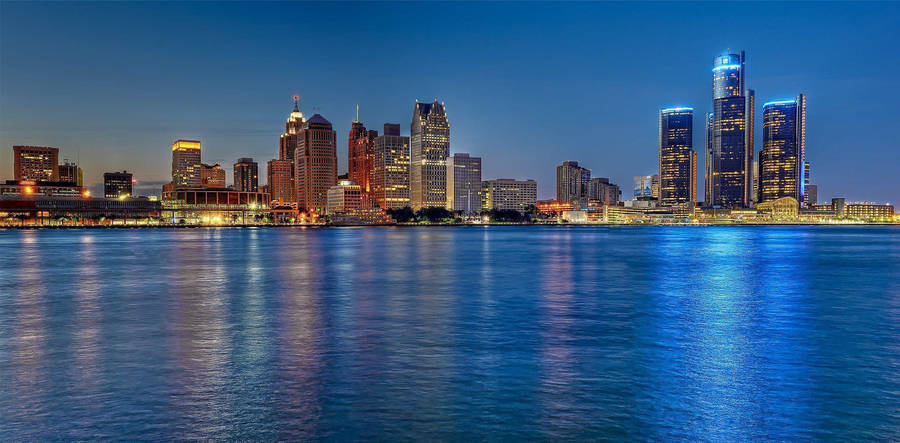 Detroit Night Skyline Lake Wallpaper