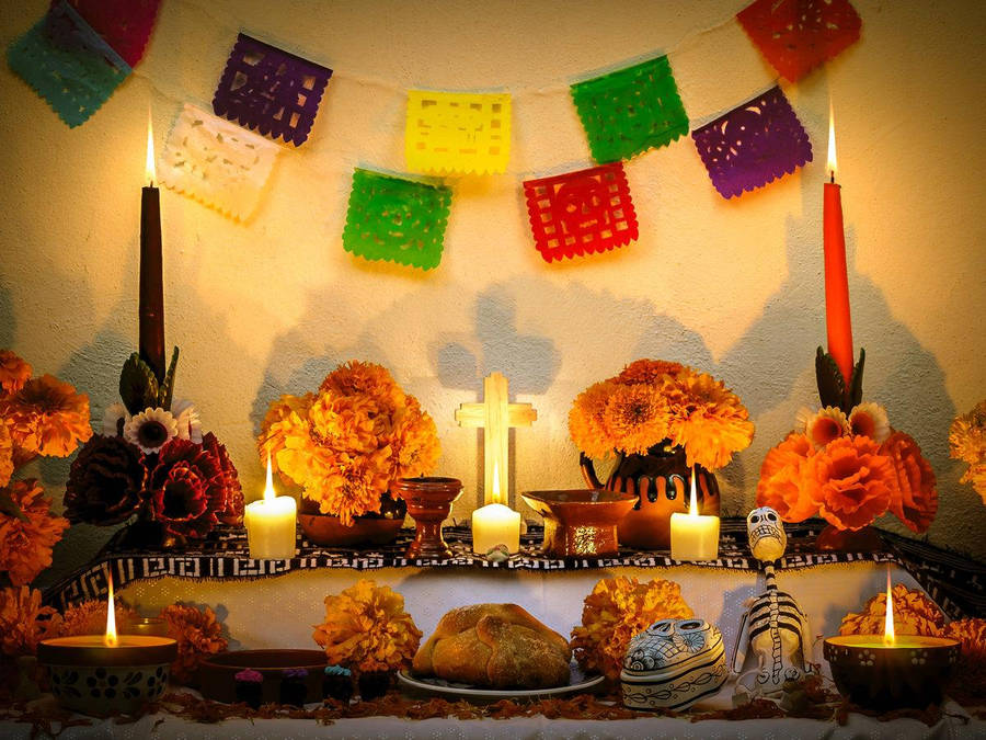 Dia De Los Muertos Decorated Altar Wallpaper