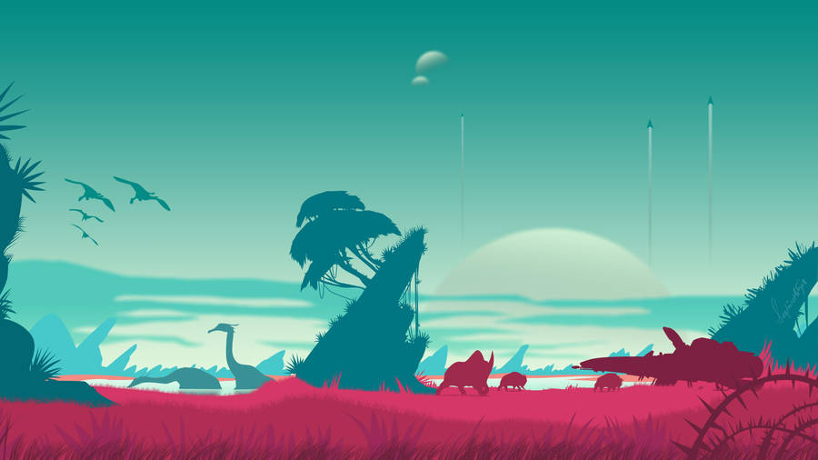 Dinosaur Beach Art Deco Wallpaper