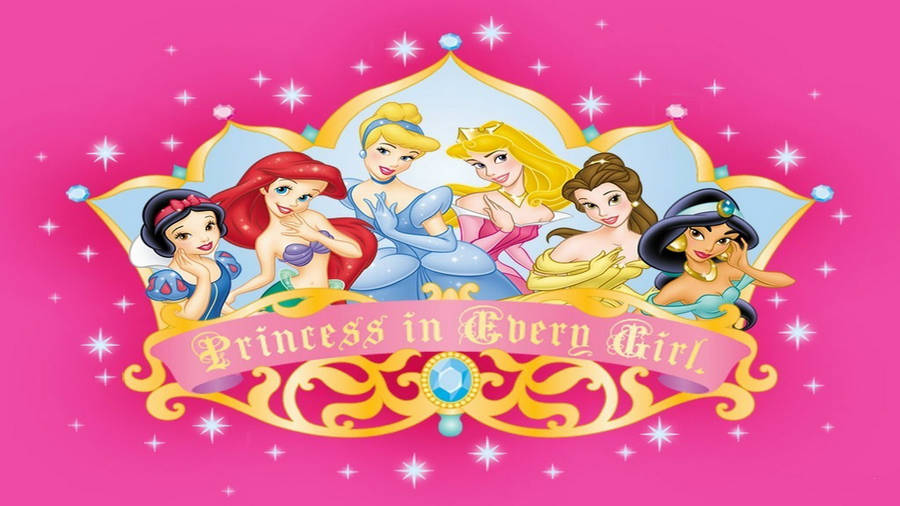 Disney Characters Princesses Pink Banner Wallpaper