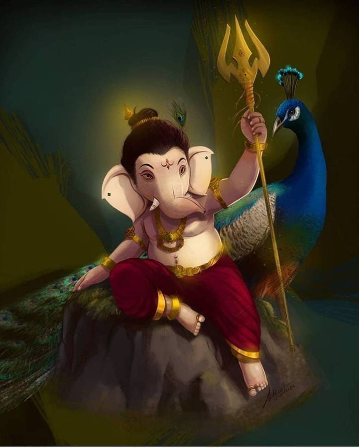 Divine Baby Ganesh With Peacock Wallpaper