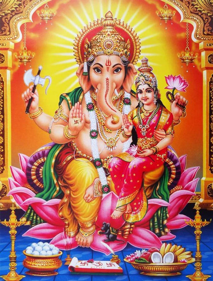 Divine Blessings - Lord Ganesh With Goddess Lakshmi Wallpaper