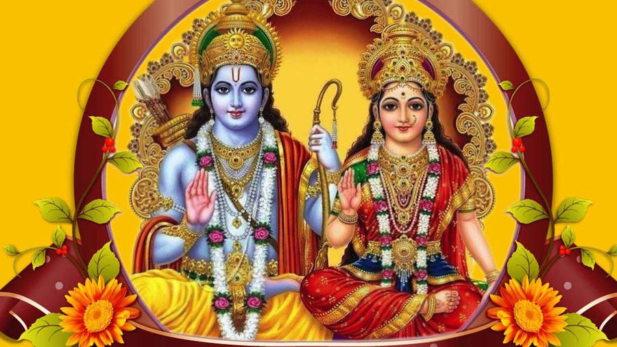 Divine Couple Ram Sita Against Floral Backdrop Wallpaper