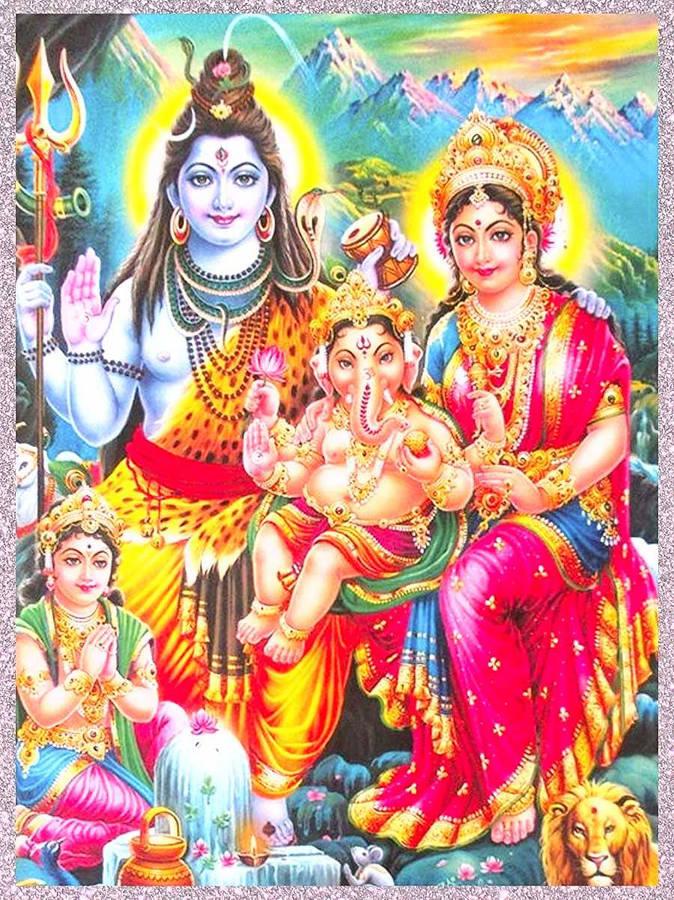 Divine Embrace - Lord Shiva And Goddess Parvati With Their Children Wallpaper