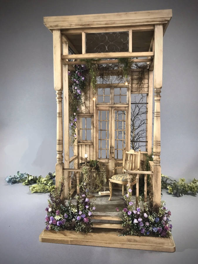 Dollhouse Purple Flowers Wooden Garden Wallpaper