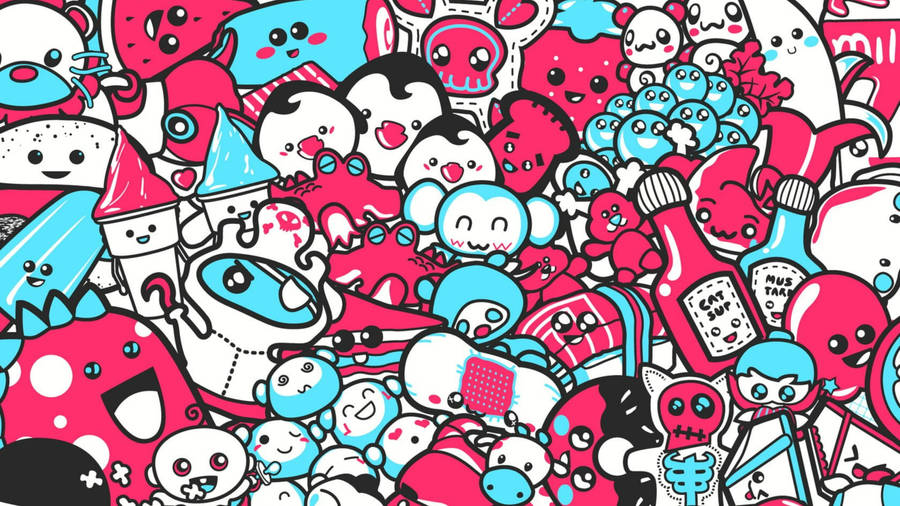 Doodle Pink And Blue Cartoon Wallpaper