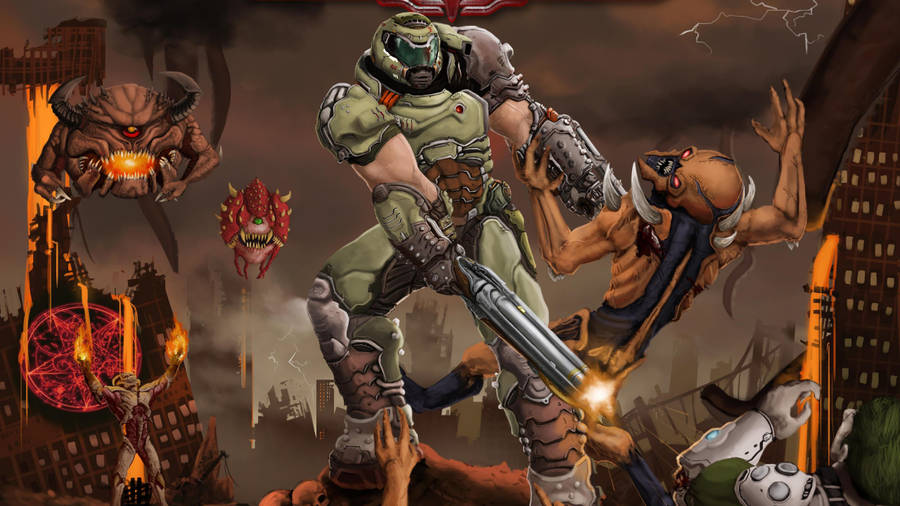 Doomguy In Action - Classic Video Game Cover Art Wallpaper