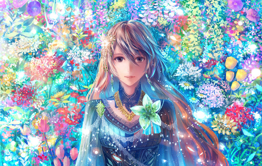 Dope Anime Girl With Colorful Petals Wallpaper