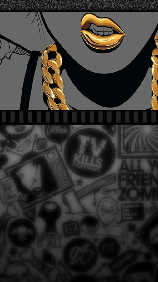 Dope Trippy Black And Gold Lips Wallpaper