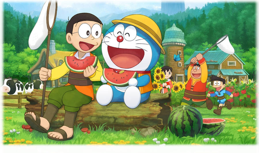 Doraemon And Nobita Watermelons Wallpaper