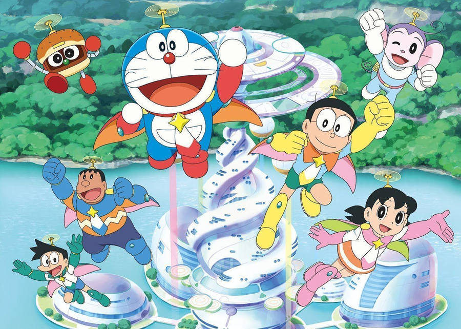 Doraemon Flying With Friends Wallpaper