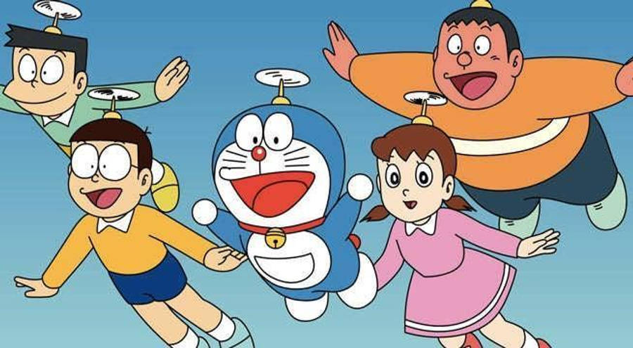 Doraemon Flying With Friends 4k Wallpaper