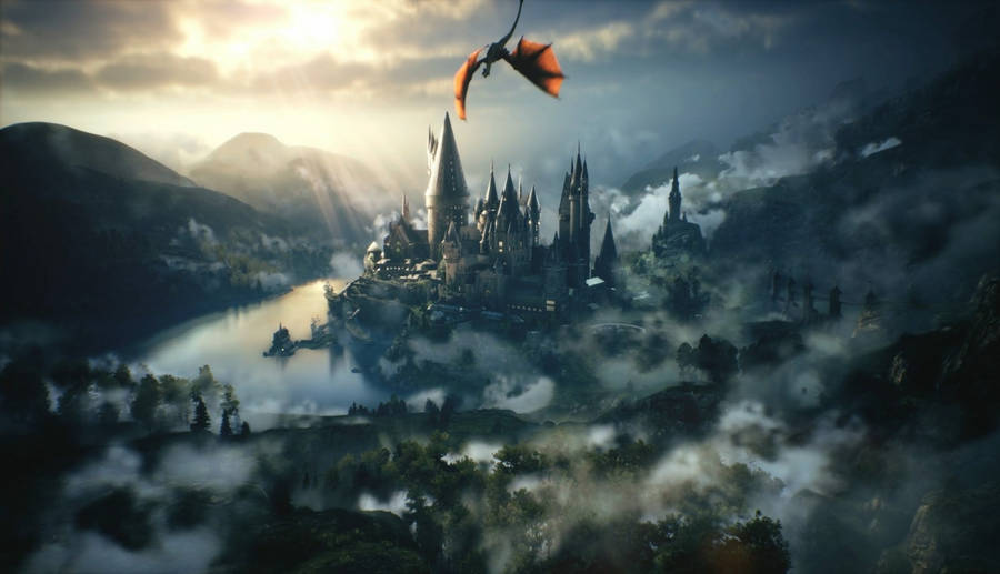 Dragon Above Hogwarts Hp Aesthetic Wallpaper