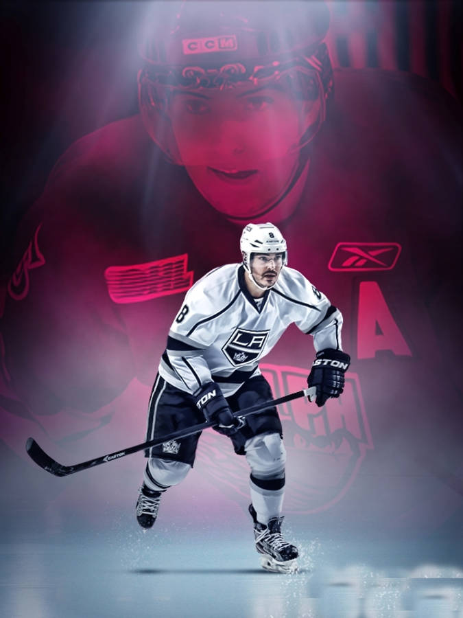 Drew Doughty Gliding On Ice While Holding Hockey Stick Wallpaper