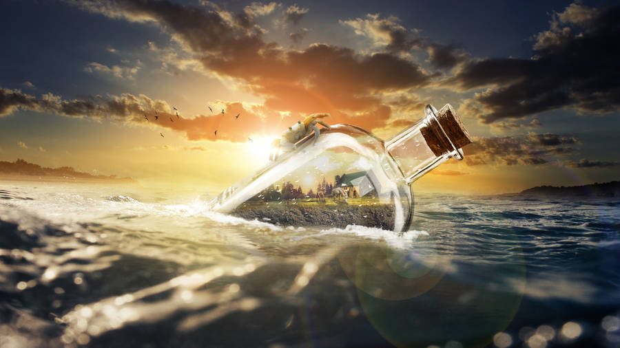 Drifting Bottle In Sea Wallpaper