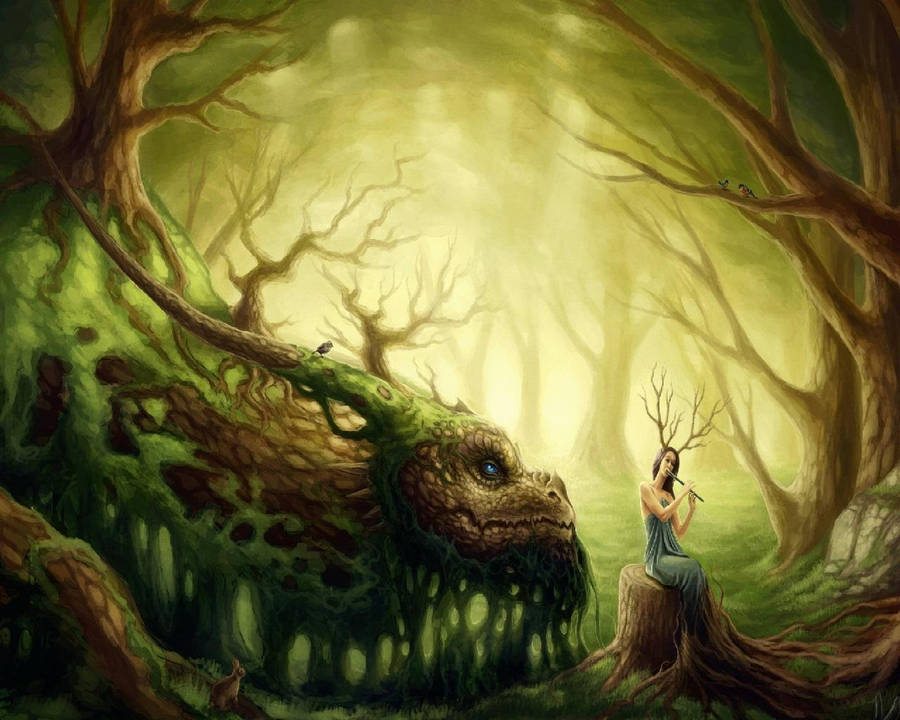 Earth Dragon Tree With Musician Fairy Wallpaper