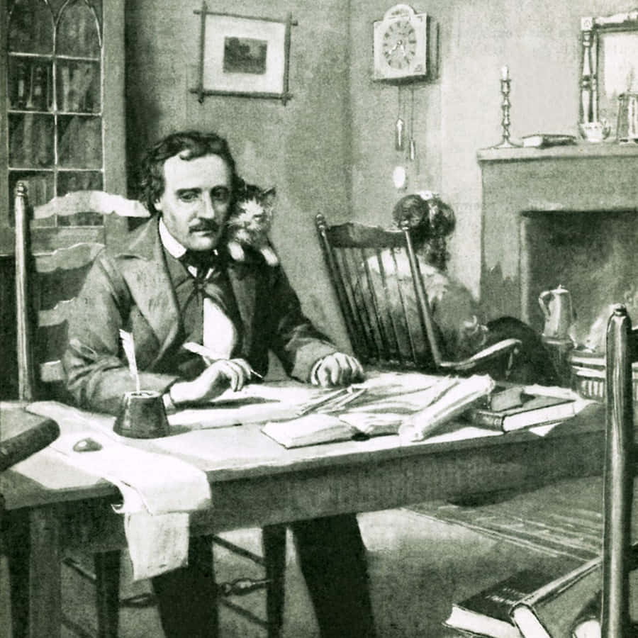 Edgar Allan Poe Writingwith Cat Wallpaper