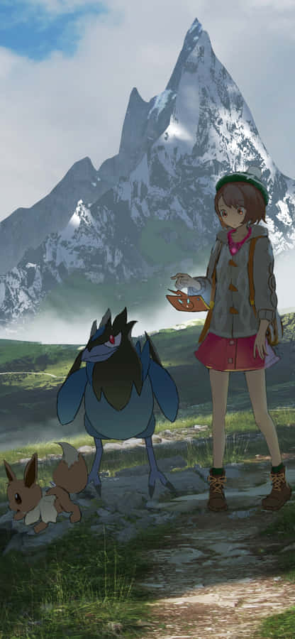 Eeveeand Traineron Mountain Path Wallpaper