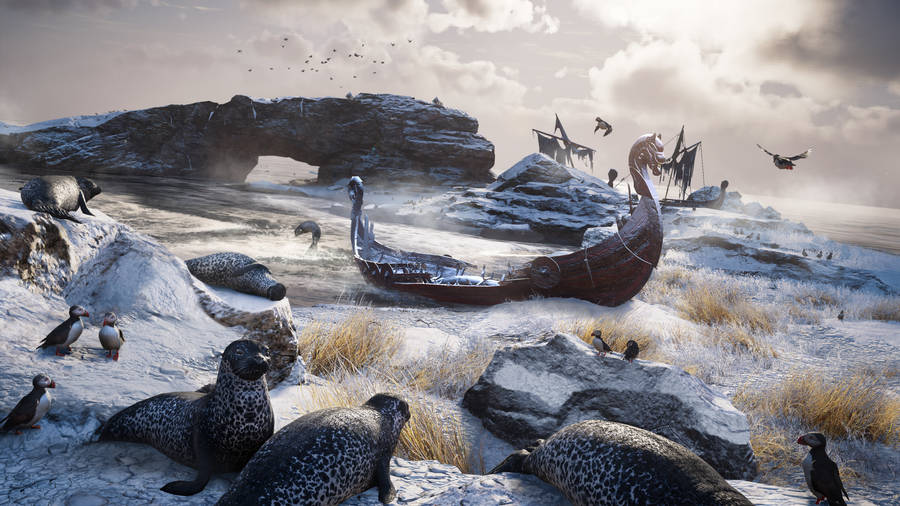 Eivor Exploring A Frozen Island In Assassin's Creed Valhalla Wallpaper