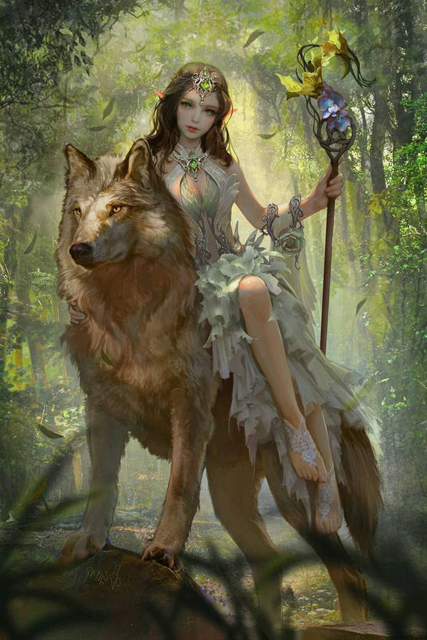 Elf Priestess On Wolf Wallpaper