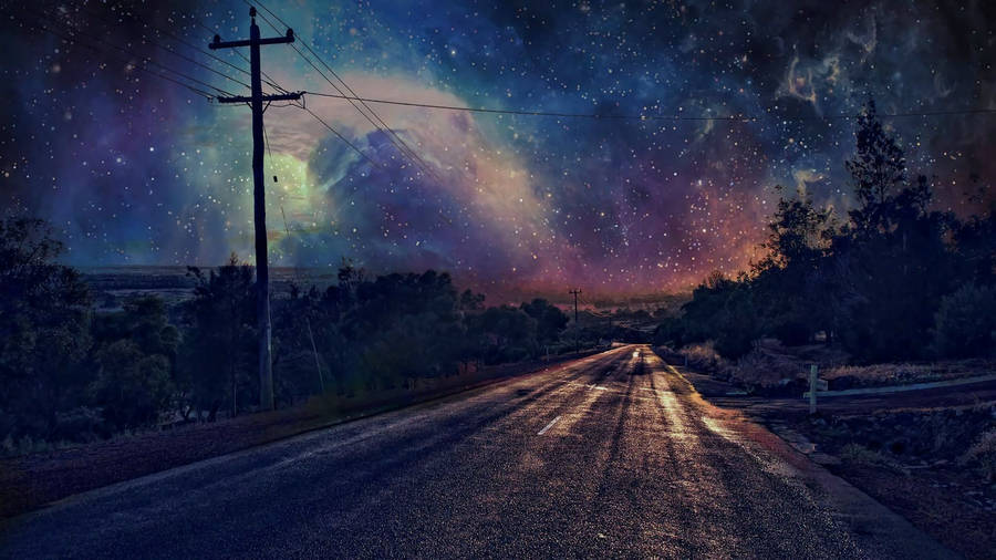 Empty Rural Road Anime Night Sky Wallpaper