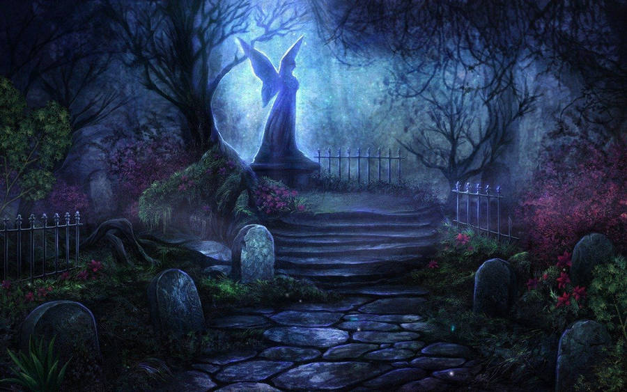 Enchanted Graveyard With Fairy Statue Wallpaper