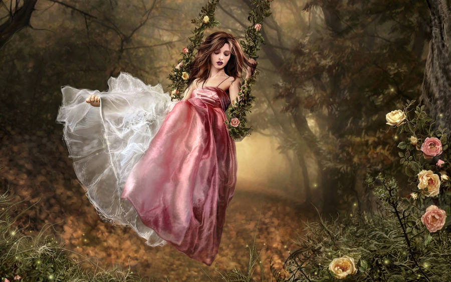 Enchanting Princess Relaxing On Swing Wallpaper