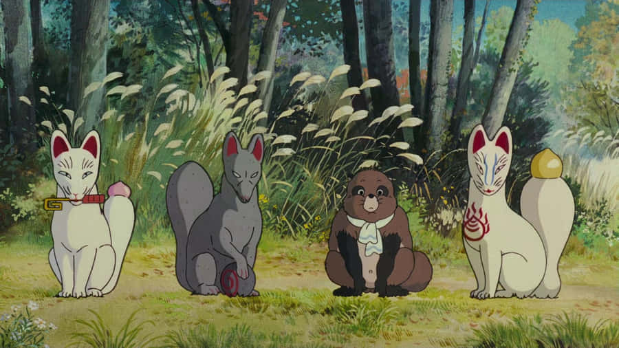 Enchanting Scene From Pom Poko Featuring Raccoon Dogs Wallpaper