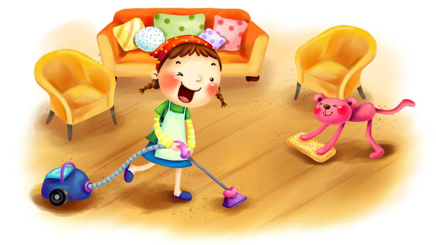 Enthusiastic House Cleaning Girl Wallpaper