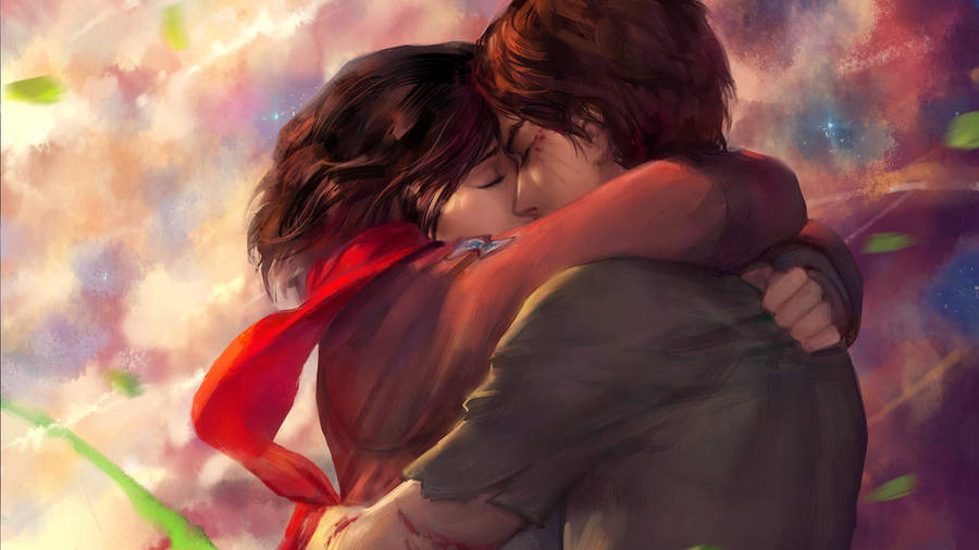 Eren Yeager And Mikasa Ackerman Kiss Wallpaper